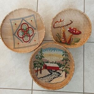 set of 3 hand embroidered basket wall mushroom, house, tree, flowers boho